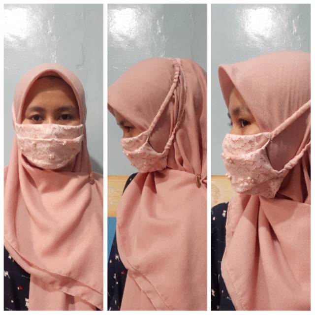 Masker Lebaran, masker 2 lapis+brukat, pake payet mutiara sintetis, dapat dicuci