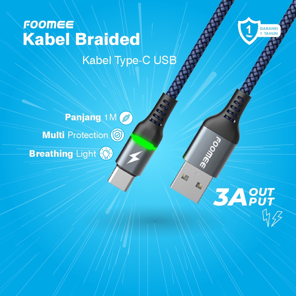 Foomee DE11 Kabel Type C Fast Charging 3A Braided LED Light