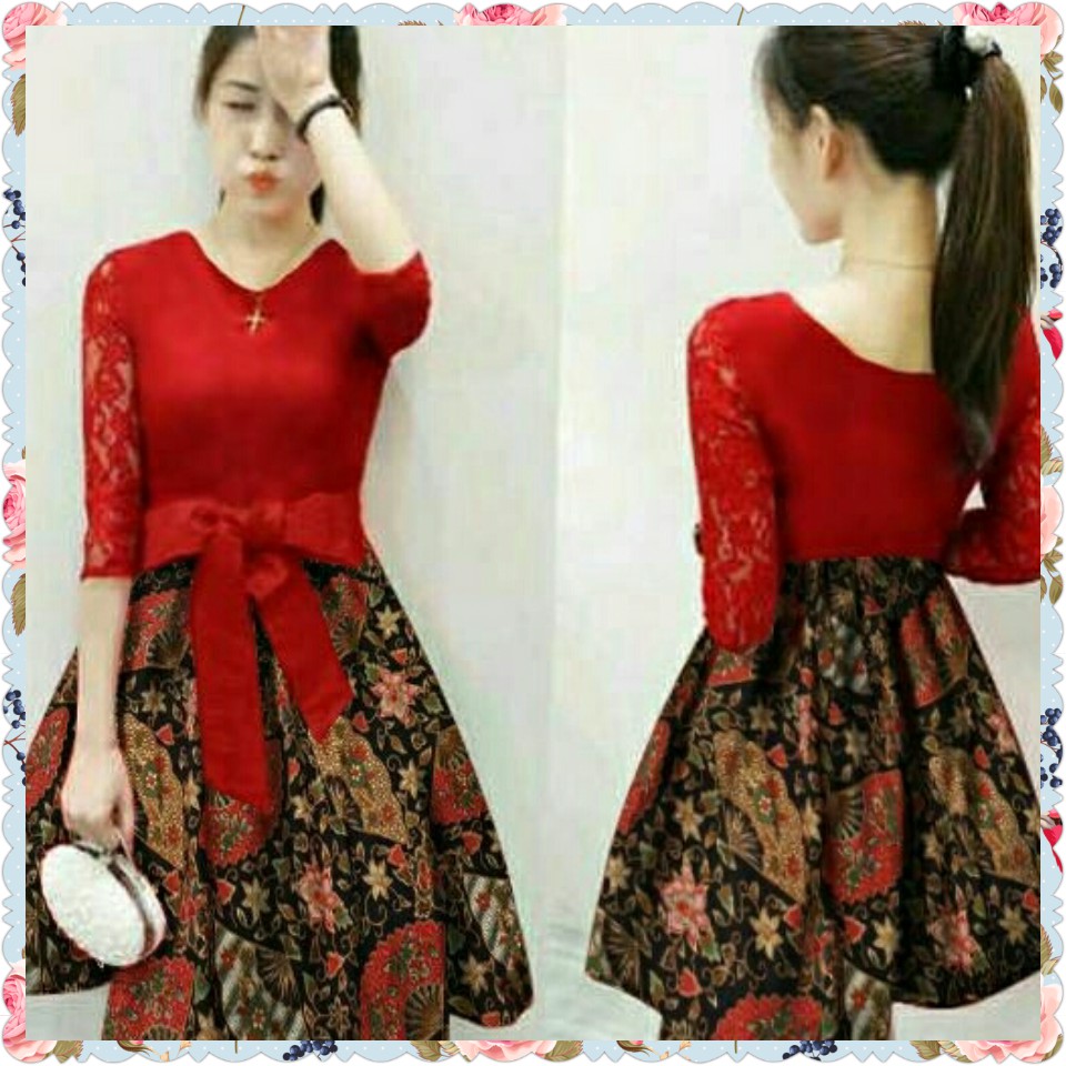 Dress Combi Batik Kipas Red Violin