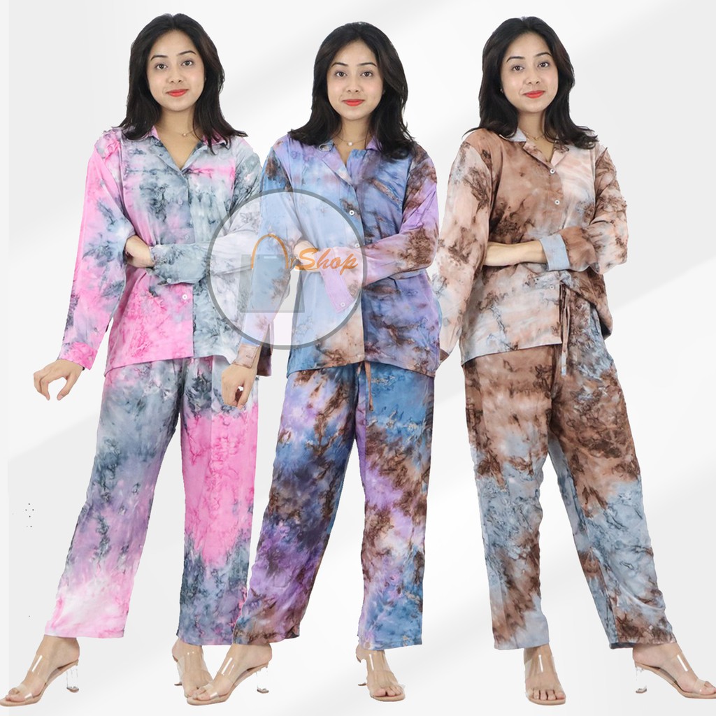 SETELAN PIYAMA LENGAN PANJANG RAYON TIE DYE WANITA LD110 | PAJAMAS KATUN RAYON | BAJU TIDUR WANITA