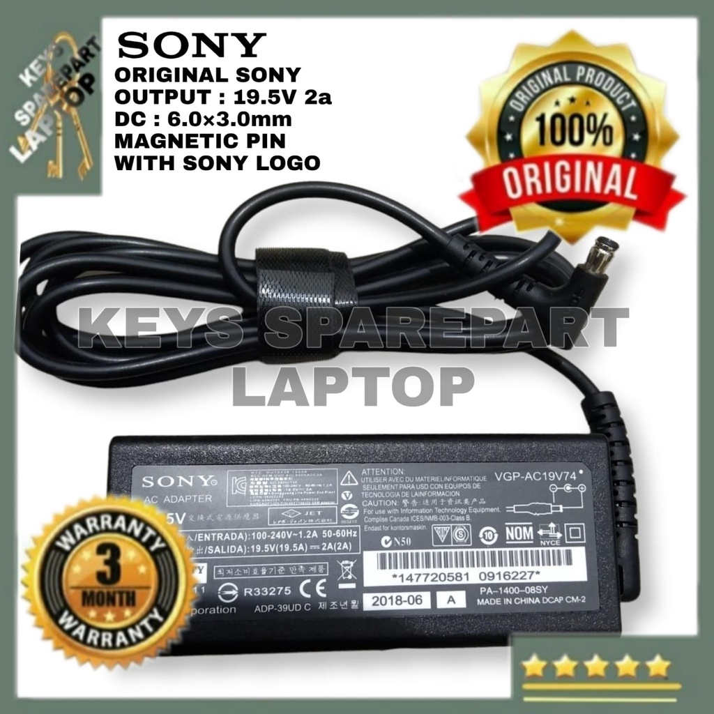 Adaptor Charger Casan kabel power Laptop Sony Vaio 19.5V 2A Magnet pin SVF13 SVT11 Fit 13A VGP-AC19V74 SVF13NA1UL 006 F11A SVF13N colokan Magnet logo original