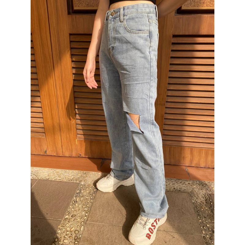 Celana Jeans Panjang Baggy Repped Jins Wanita Highwaist Sobek Hitam Snow biru