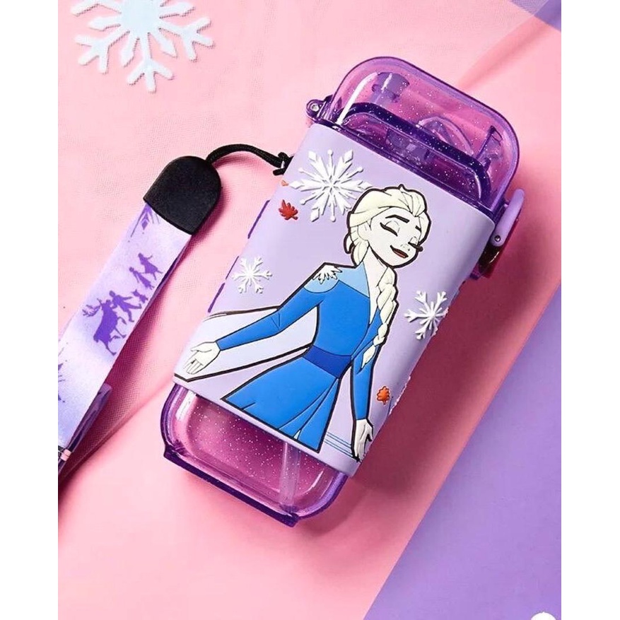DISNEY Botol Minum Anak Unik dengan tali dan sedotan /  ORIGINAL Disney water bottle Elsa Mickey donald Cars / Botol Minum Anak disney-Elsa Ungu