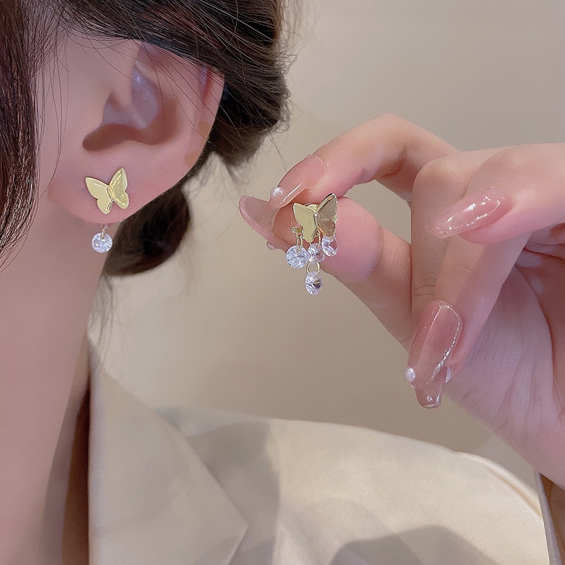 Anting Rumbai Bentuk Kupu-Kupu Warna Emas Bahan Zirkon Gaya Korea Butterfly