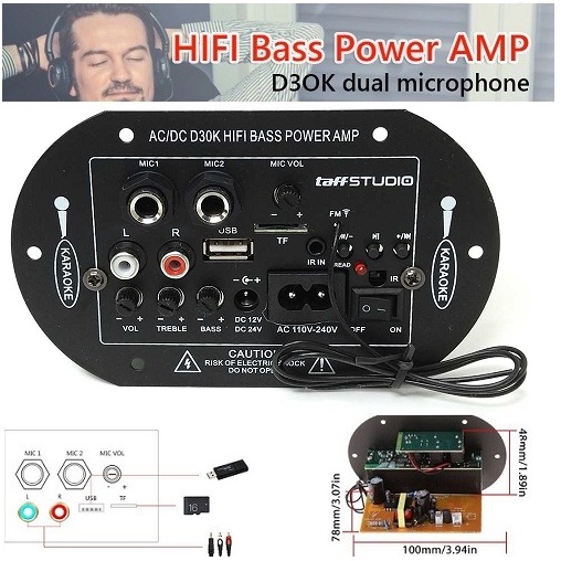 Kit Amplifier Board HIFI Bass 2 Mic Audio Subwoofer Double Microphone Bluetooth AC/DC D30K Support