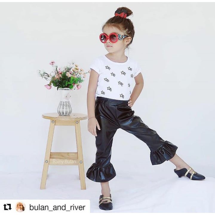 [GAYA GAYA] (SALE) Setelan anak cewek kekinian putih bintang & celana cutbray jeans import keren