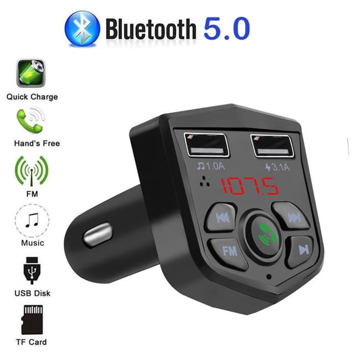 Handsfree Charger Mobil 2in1 Bluetooth 5.0 LCD Voltmeter FM Music MD42