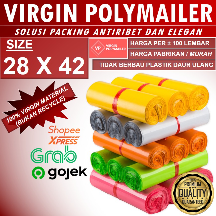 

VIRGIN POLYMAILER 28X42 ISI ±100 LEMBAR, SUPER PREMIUM QUALITY TERMURAH PLASTIK PACKING HARGA PABRIK