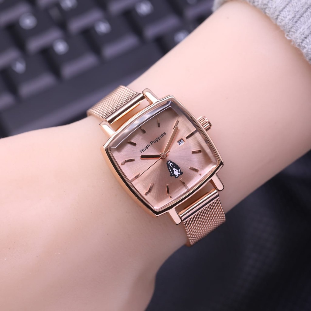 Grosiran Jam Tangan Wanita Hush Puppies 3900TL Analog Tali Rantai Pasir Tanggal Aktif Free Baterai (COD)