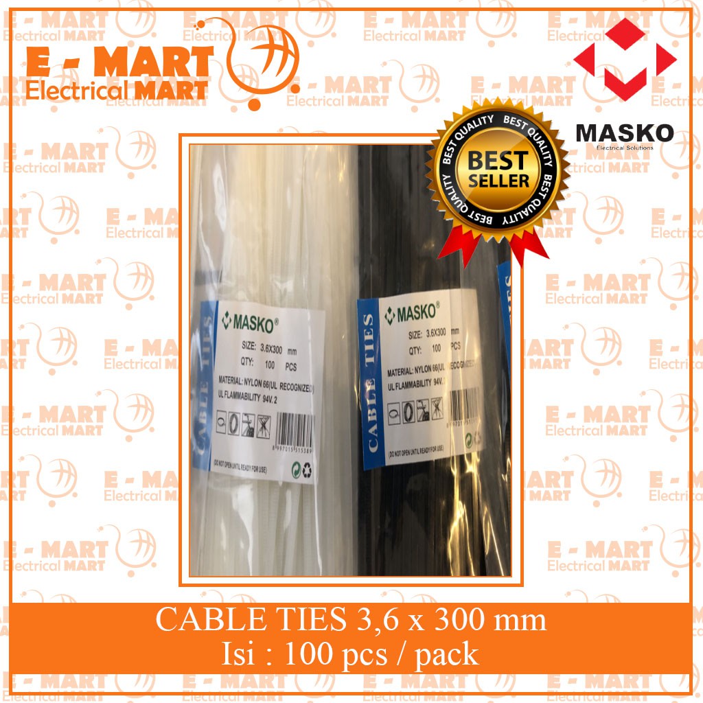 MASKO KABEL TIES PUTIH HITAM 300 x 3.6MM 100PCS NYLON SABUK KABEL SEGEL TIES 30 CM WH BLACK [GROSIR]