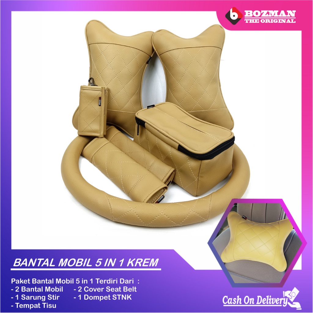 Set Bantal Mobil 5 in 1 Premium Bantal Leher Cover Stir Seatbelt Tempat Tisu Free Dompet STNK