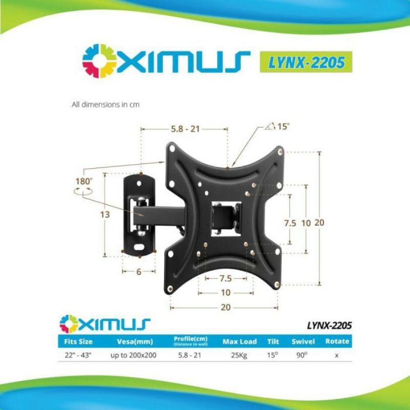 Bracket TV monitor Oximus Lynx 2232 22-43&quot; tilt swivel vesa 100 200