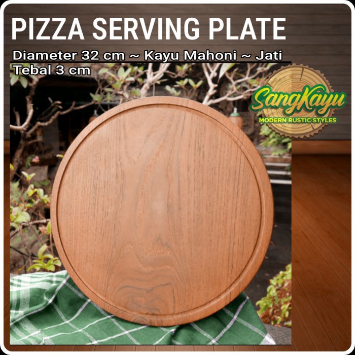 Piring pizza kayu 32x3cm talenan pizza nampan pizza serving board kayu - Kayu mahoni