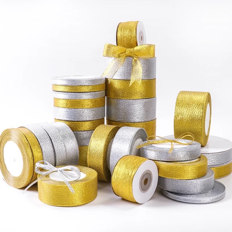 ( Rol 20 Yard ) PITA METALLIC GLITTER GOLD / SILVER - PITA METALIK GLITER EMAS / PERAK 1/4/ 1/2/ 1/ 1.5/ 2 INCH / 2 IN - 0.6 CM / 1.2 CM / 2 CM / 2.5 CM / 4 CM / 5 CM HIASAN KADO HAMPERS SOUVENIR