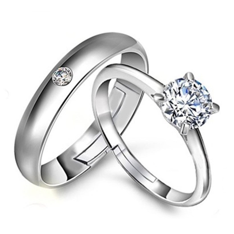 Cincin Couple Anti Karat Lapis Emas Putih 18K White Gold Kristal Zirconia Silver S925 Lamaran Tunang