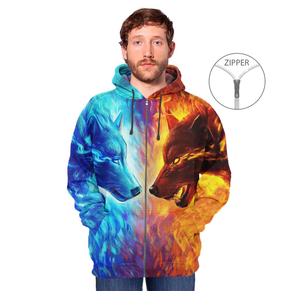Jaket Hoodie WOLF FIRE AND ICE Premium Pria 3D Fullprint model Zipper