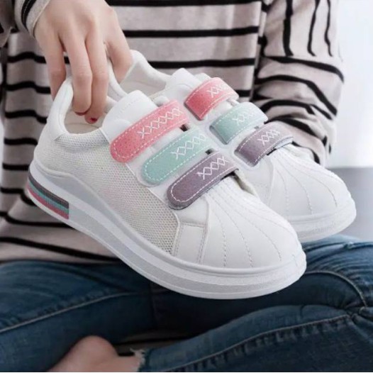 SEPATU SNEAKERS STRAP WANITA IMPORT PUTIH SIMPLE CASUAL MURAH Ys 207