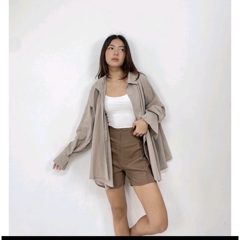 Kemeja Oversize Wanita - Kemeja Linen Atasan Wanita 339 - Dami Oversized Shirt Taupe