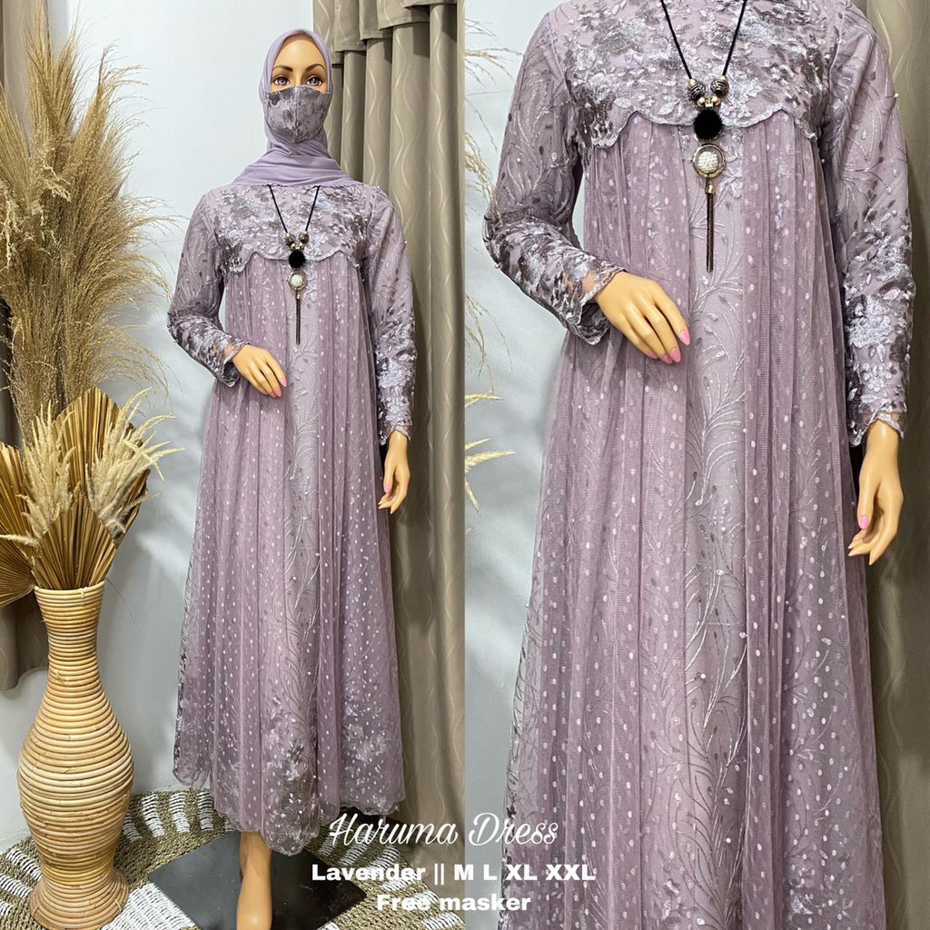 Novi > Set Kebaya Gamis Dress Haruma - Kebaya Pesta Kekinian  - GRATIS MASKER & JILBAB-Lavender