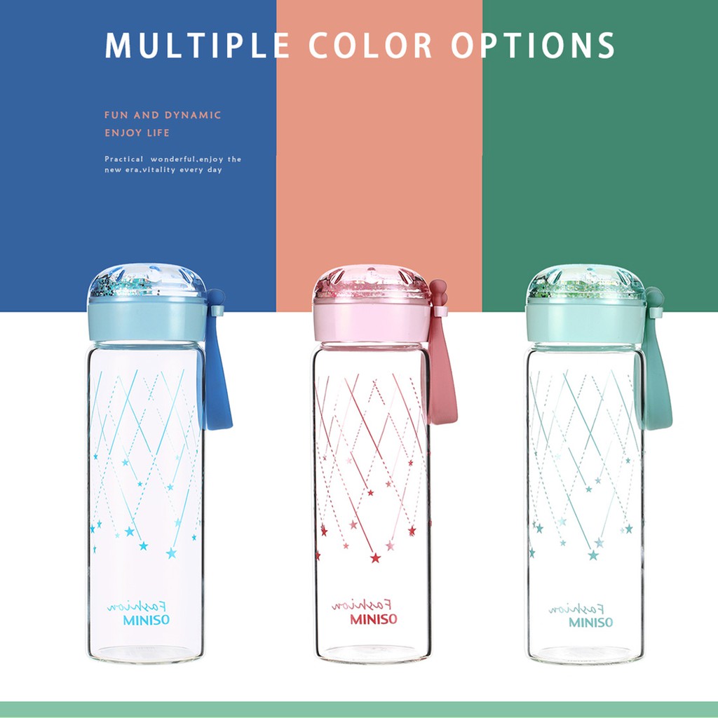 MINISO Botol Minum Air Kaca Borosilikat Tinggi Tempat Minum Glitter 350ml Tempat Tumbler Tumblr