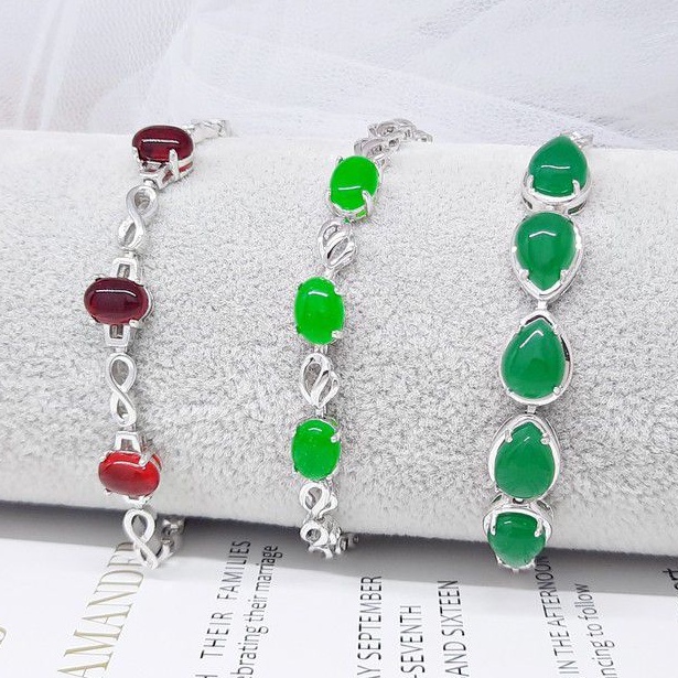 Gelang Xuping Asli Silver Batu Giok Imitasi Merah Hijau Lapis Emas Putih - BB483