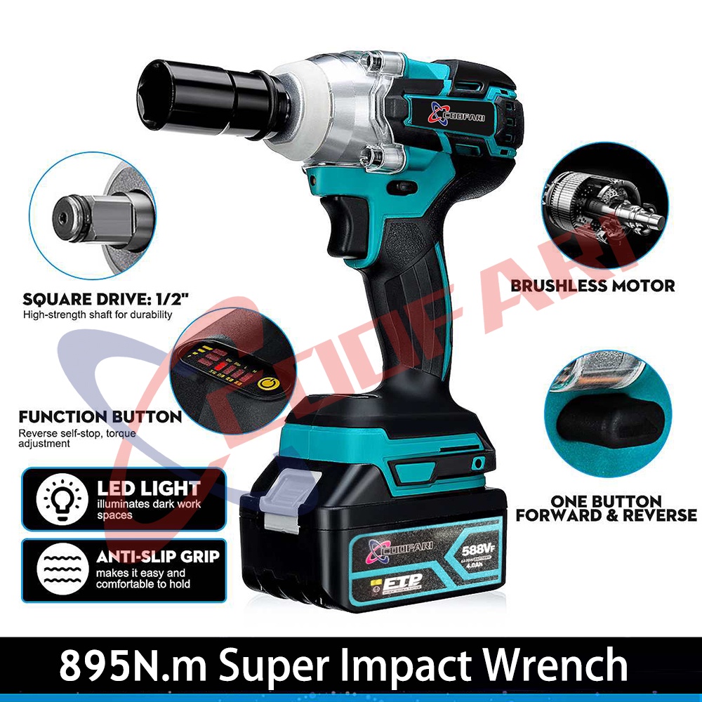 Coofari 895N.m 25800mAH Electric Brushless 588VF Cordless Impact Wrench With 2Buah Baterai and Plastic Case