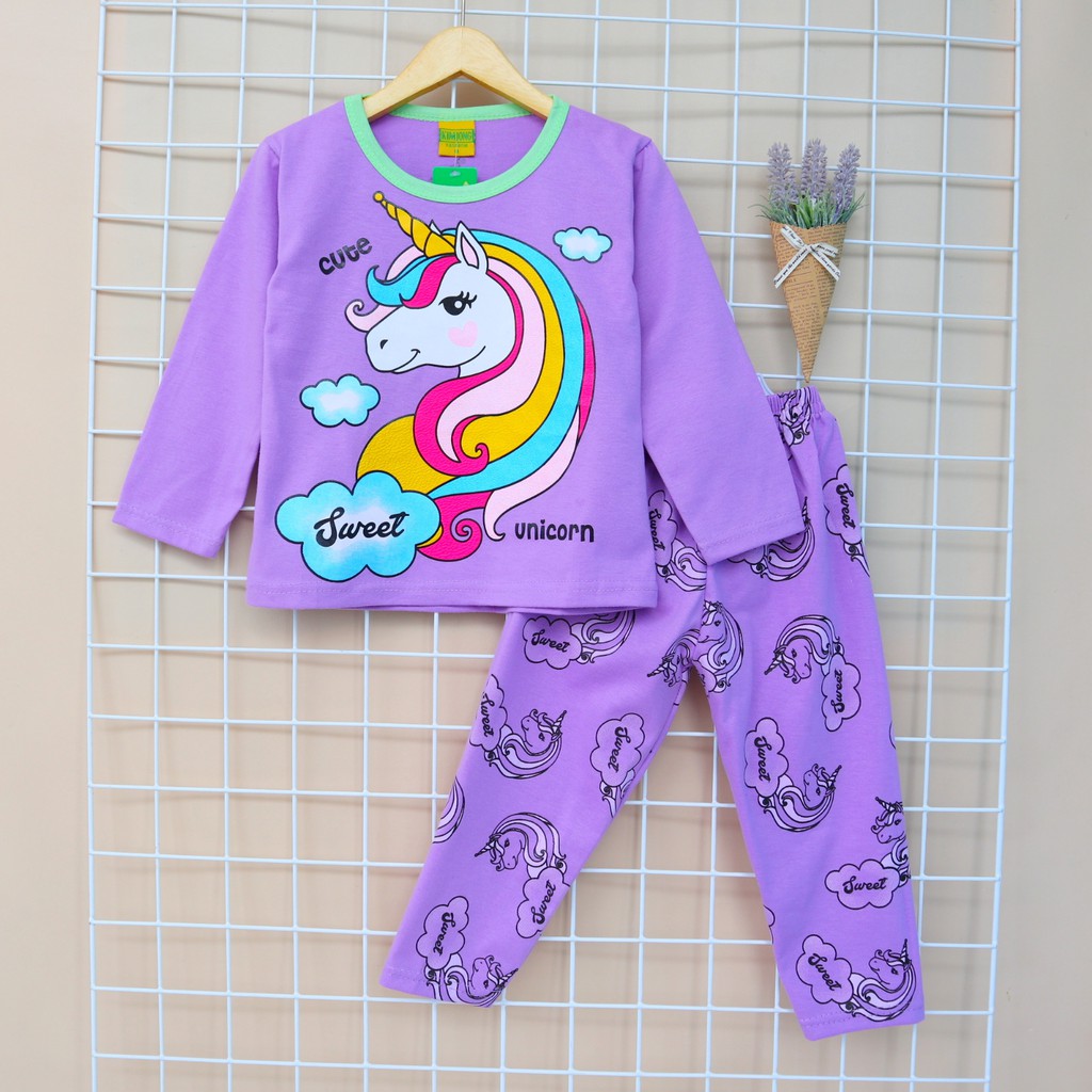 KJ Motif Cute Unicorn / Setelan Baju Celana Piyama Anak / Bayi Perempuan  Usia 2 - 8 tahun