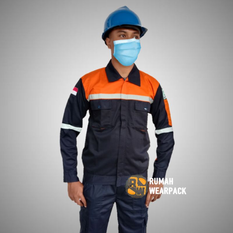 Baju Kerja / Wearpack Proyek Kemeja Safety Atasan Navy Navi Oranye