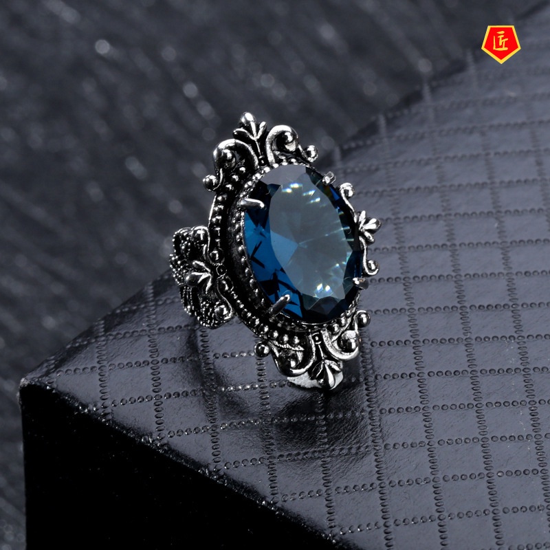 [Ready Stock]Blue Topaz Ring European and American Retro 925 Silver