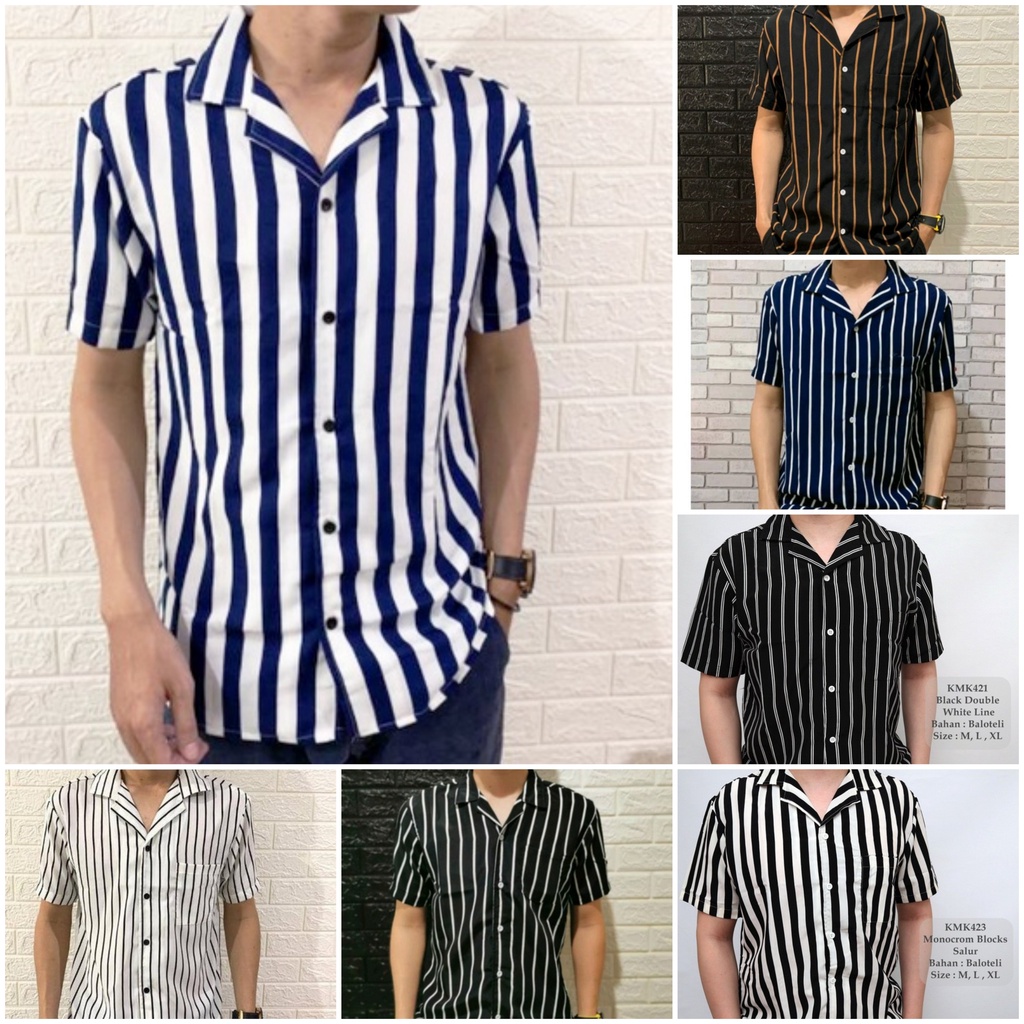 Kemeja Salur Pria Motip Garis Garis Pakaian Lengan Pendek Stripes Murah
