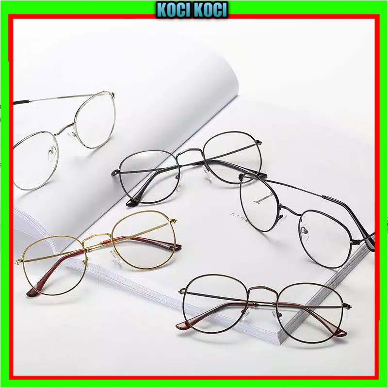 Kacamata Bulat Hitam Bingkai Lensa Transparan Bingkai Logam