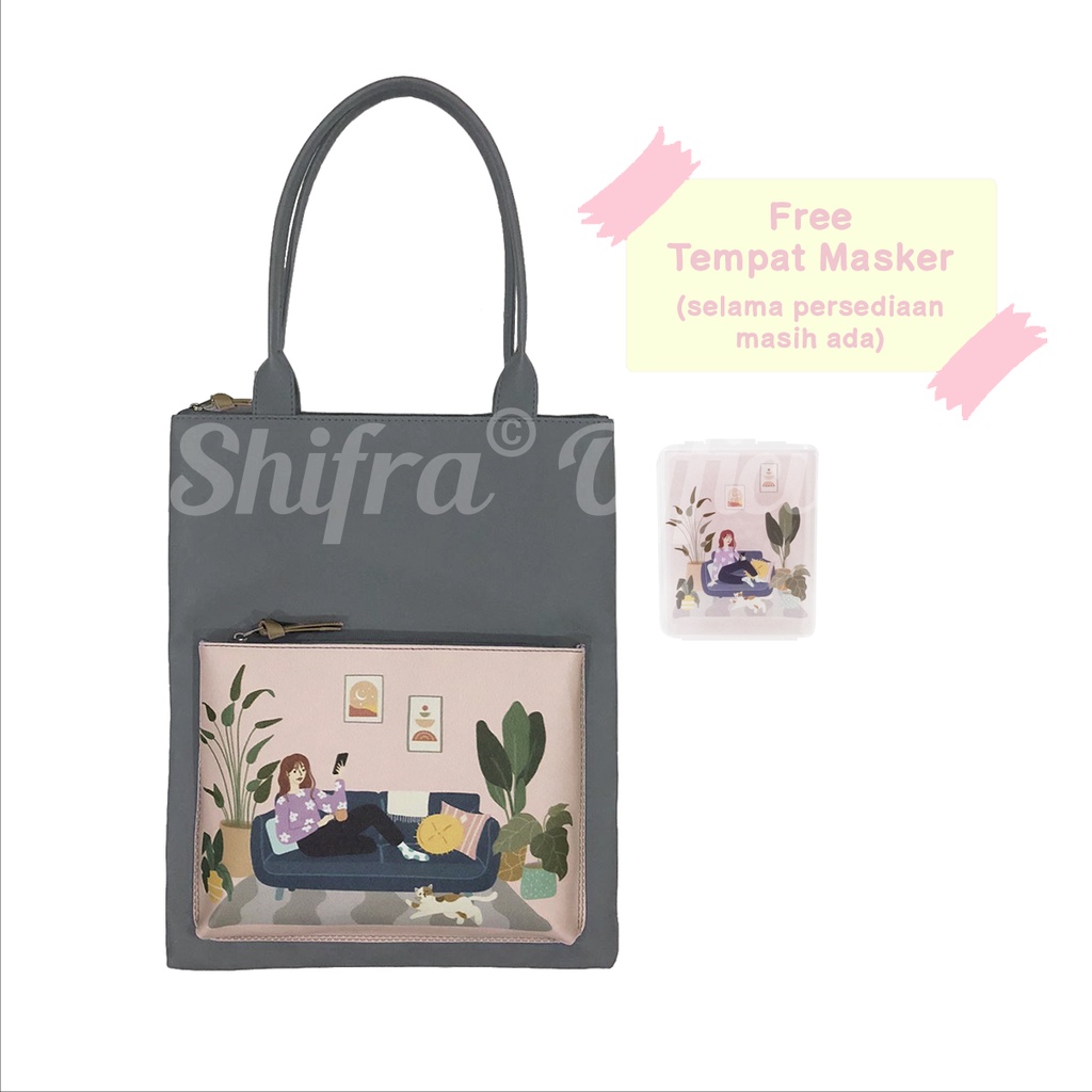 Shifra Tas Laptop Tali Pundak Kantong Depan Woman Grey Mint Navy (Free Pouch Masker)