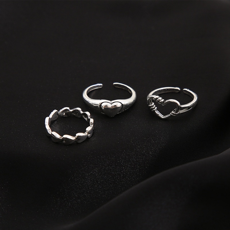 Fancyqube 3pcs / Set Cincin Model Terbuka Adjustable Desain Hati Warna Silver Gaya Gothic Retro Untuk Wanita