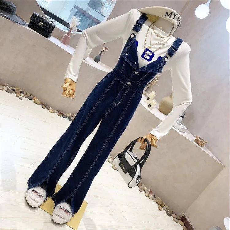 2022 musim semi baru versi Korea in menunjukkan overall denim tinggi pinggang tinggi wanita menunjuk