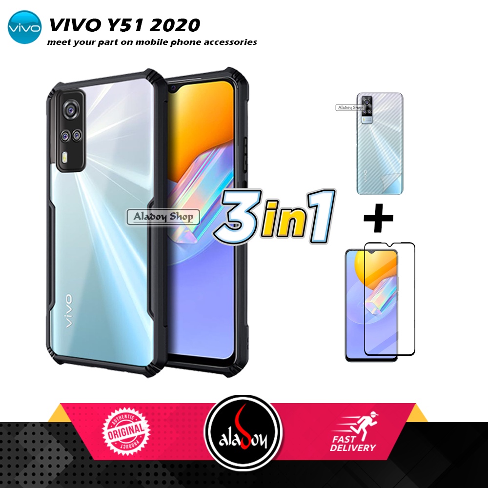 Case VIVO Y51 Armor Fushion Transparent Casing + Tempered Glass Full Layar dan Skin Carbon