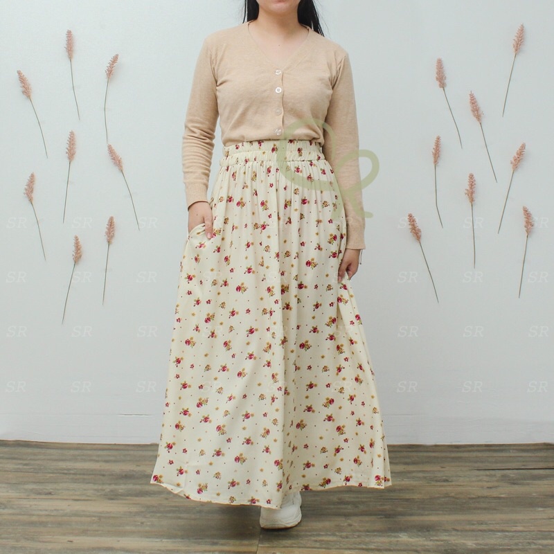 Rok Panjang Rayon Wanita Lebar Korean A-line Motif Floral Premium Ringan Dingin