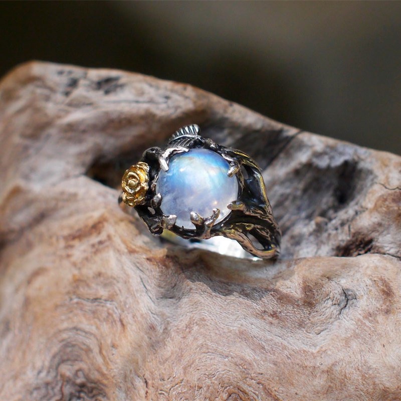 Cincin Sterling Silver 925 Model Bunga Mawar Dengan Moonstone Untuk Wanita Ccc27