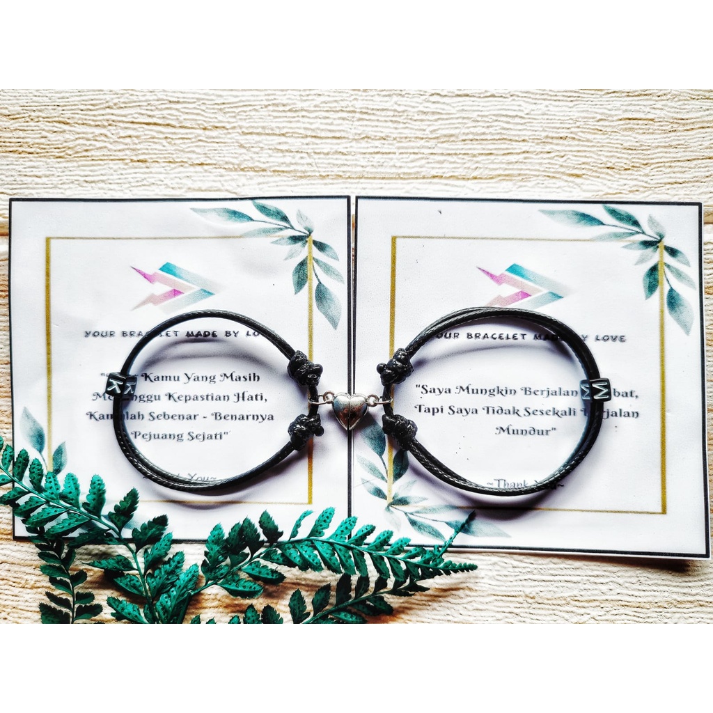 Gelang Magnet Love Silver Inisial Nama | Gelang Couple Magnet Hati | Tali Korea Hitam 2mm | Gelang C