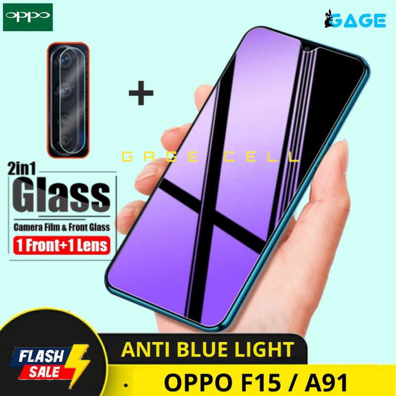 2in1 TEMPERED GLASS ANTI BLUE LIGHT OPPO F15 A91 FULL LAYAR KAMERA SCREEN PROTECTOR