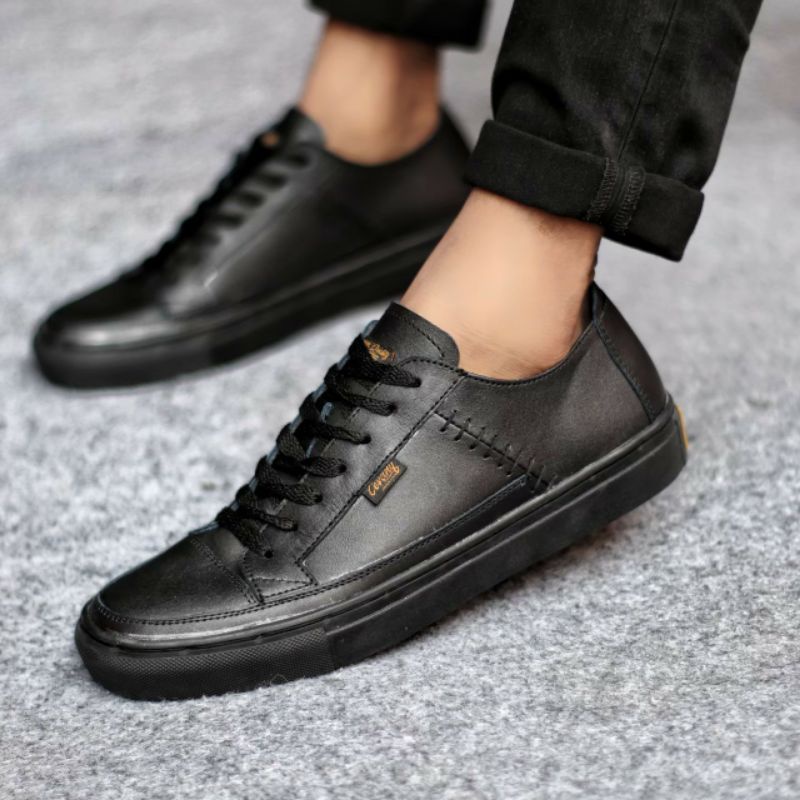 LOW DANTE BLACK Sepatu Sneakers Pria Sepatu Pria Casual Kulit Asli Spatu Sneker Hitam Keren