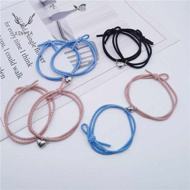 2pcs Set Gelang Tali Kepang Magnetik Adjustable Hias Warna - Warni Gaya Etnik Korea Untuk Pasangan Couple