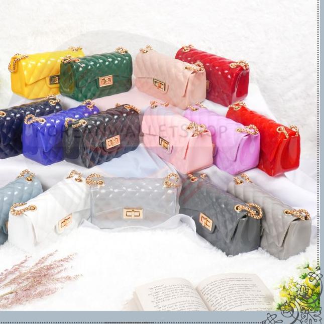 ✫ TAS WANITA JELLY GLOSSY IMPORT RANTAI EMAS SIZE 18 CM | RANTAI GOLD ☞