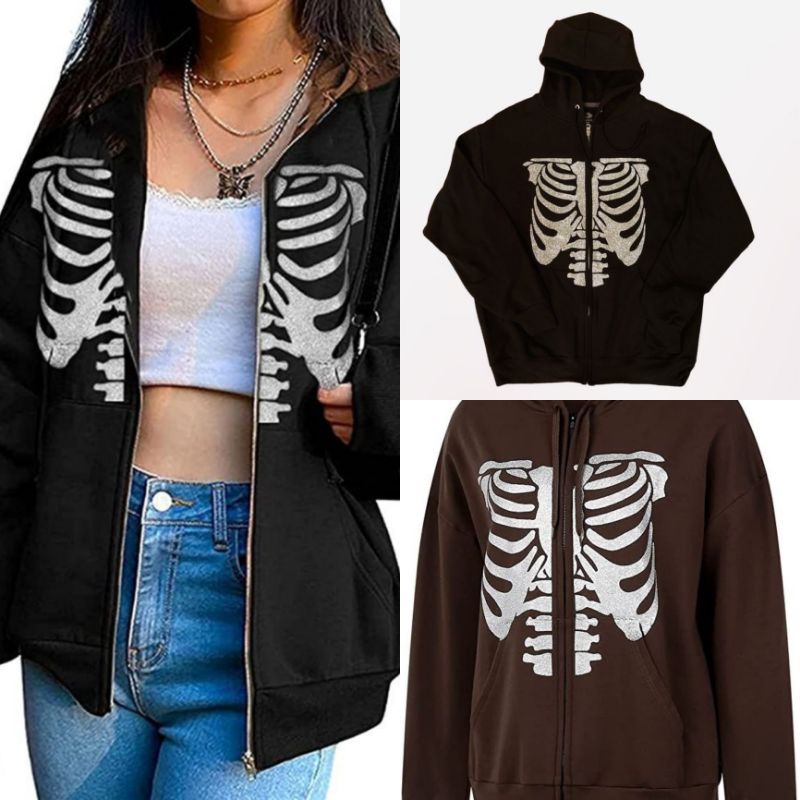 (COD)Jacket/Hodiie zip up skeleton skull oversized y2k tengkorak