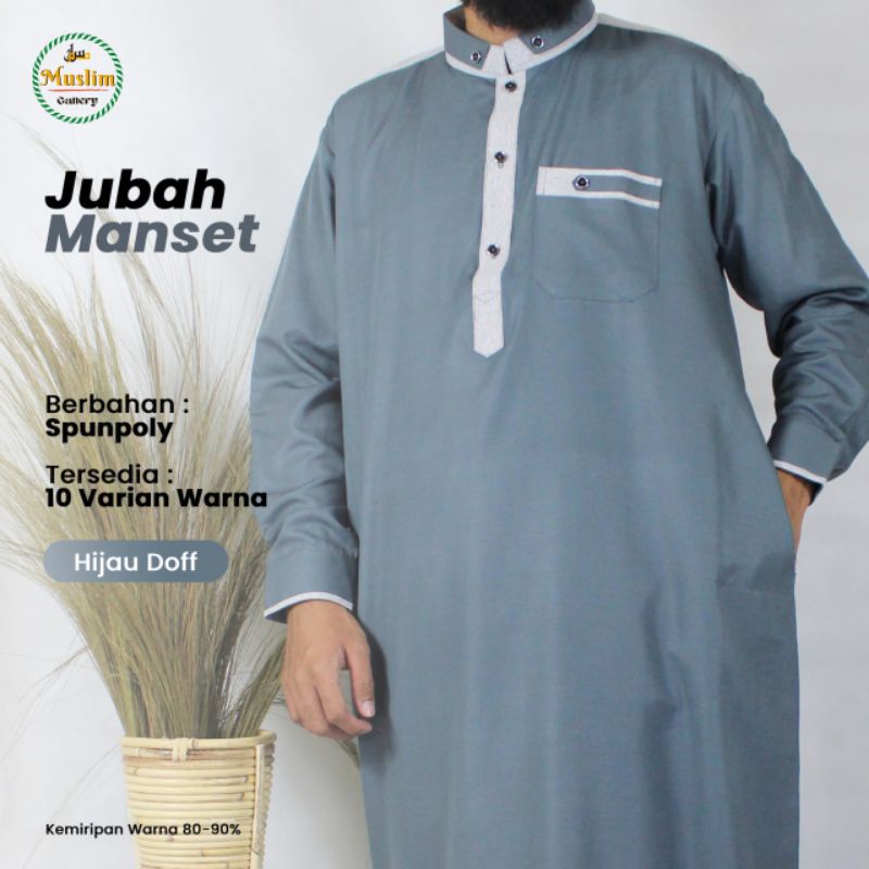 Baju Jubah Gamis Pria Lengan Panjang Model Saudi Bahan Katun Dengan Manset di Lengan-Hijau Doff