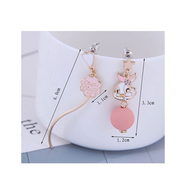 LRC Anting Tusuk Fashion Pink Rose Asymmetric Earrings With Rabbit Oil Beads D60201