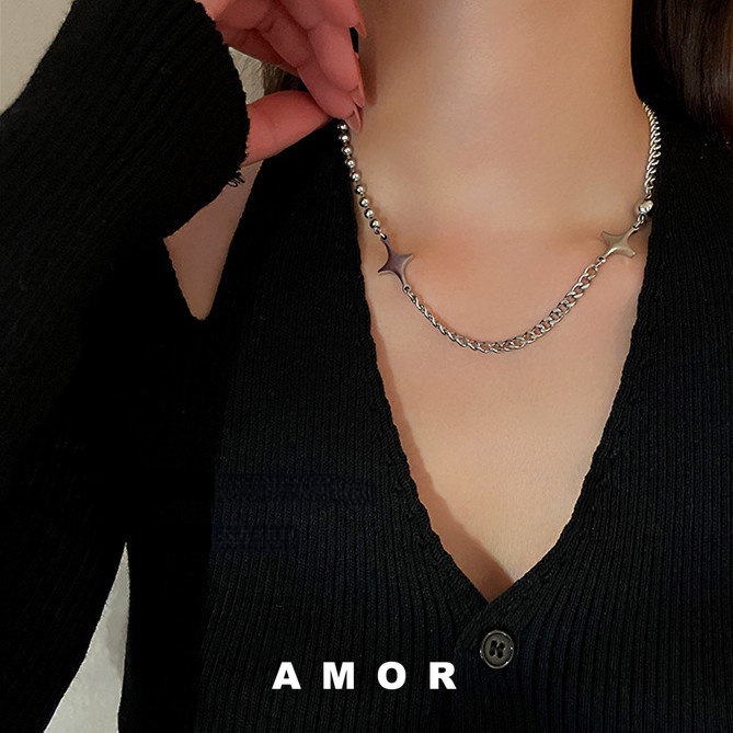 Kalung Rantai Bahan Stainless steel Desain Bintang Mosaic Ukuran Kecil Gaya Hip Hop Untuk Wanita 2022