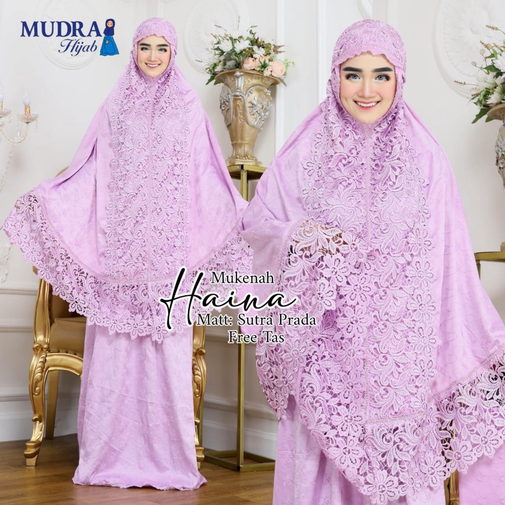 MUKENA HAINA CANTIK ANGGUN DAN MEWAH ORIGINAL MUDRA HIJAB BAHAN SUTRA PRADA MIX RENDA MEWAH ADEM LEM