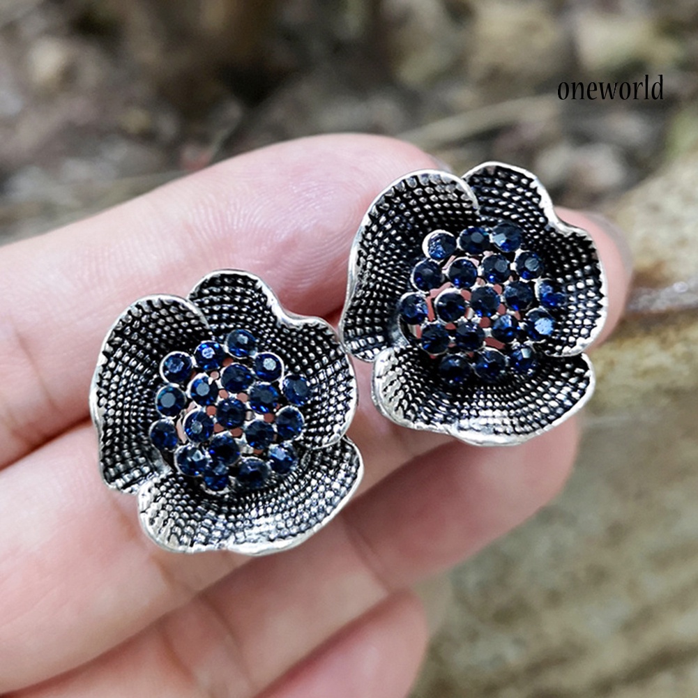 OW@ Vintage Women Rhinestone Inlaid Rose Flower Shape Stud Earrings Jewelry Gift