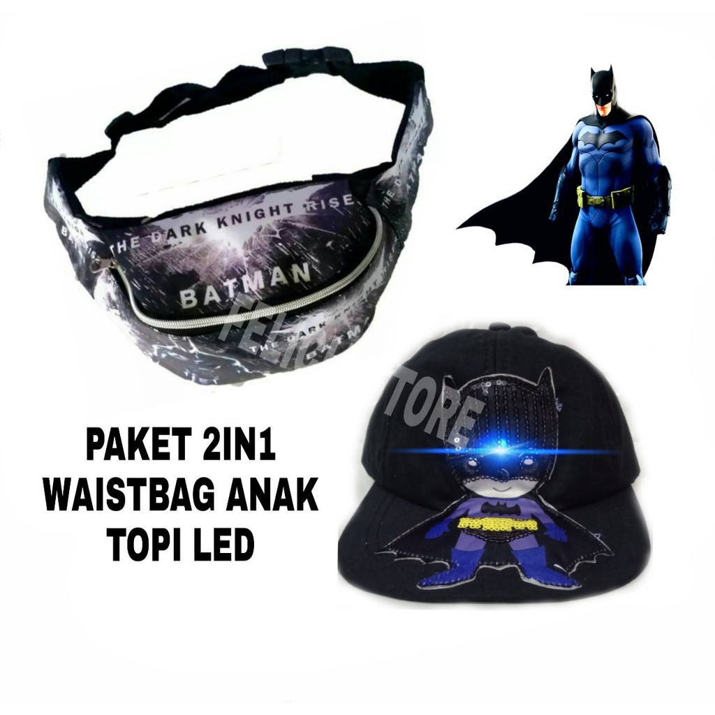 Waistbag Anak / Tas Selempang Anak Pria Paket 2 In 1 / Waistbag BATMAN + Topi Anak BATMAN LED