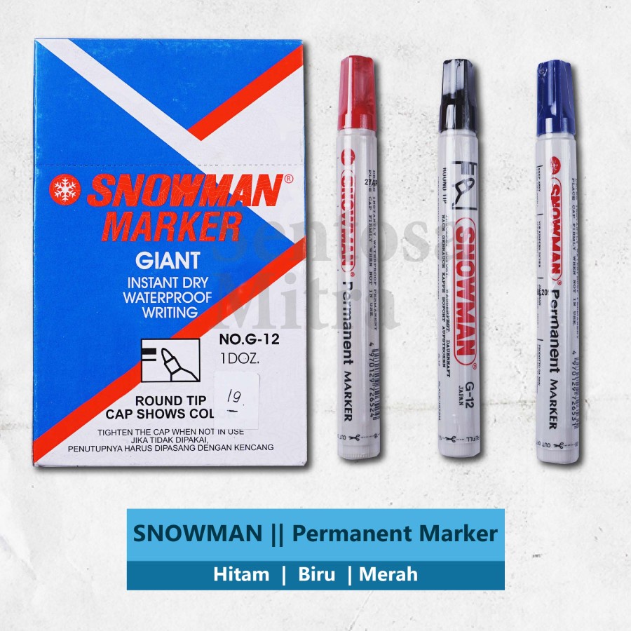 

SPIDOL PERMANENT SNOWMAN HITAM MERAH BIRU G 12 GROSIR TERMURAH HEMAT